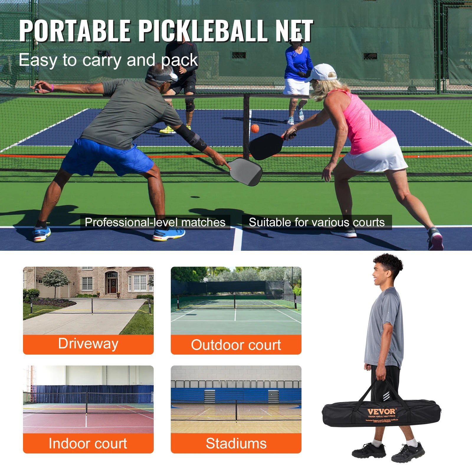 VEVOR Portable 22FT Full Court Official Pickleball Net System with Court Line