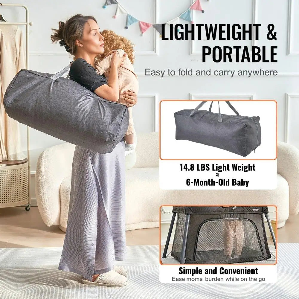 Folding Lightweight and Portable Baby Travel Crib or Playpen with Zipper Gate.