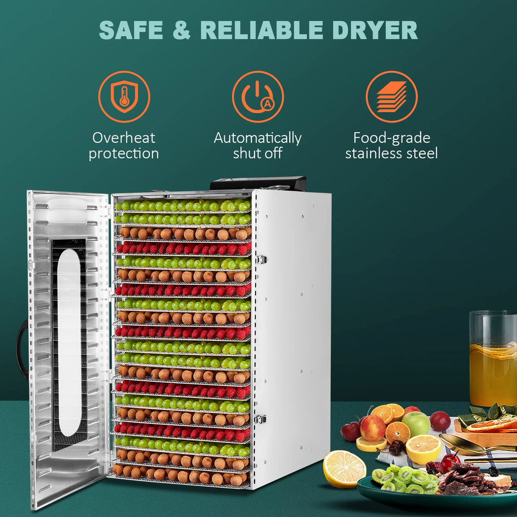 Stainless Steel Commercial Food Dehydrator with Adjustable Timer and 20 Trays