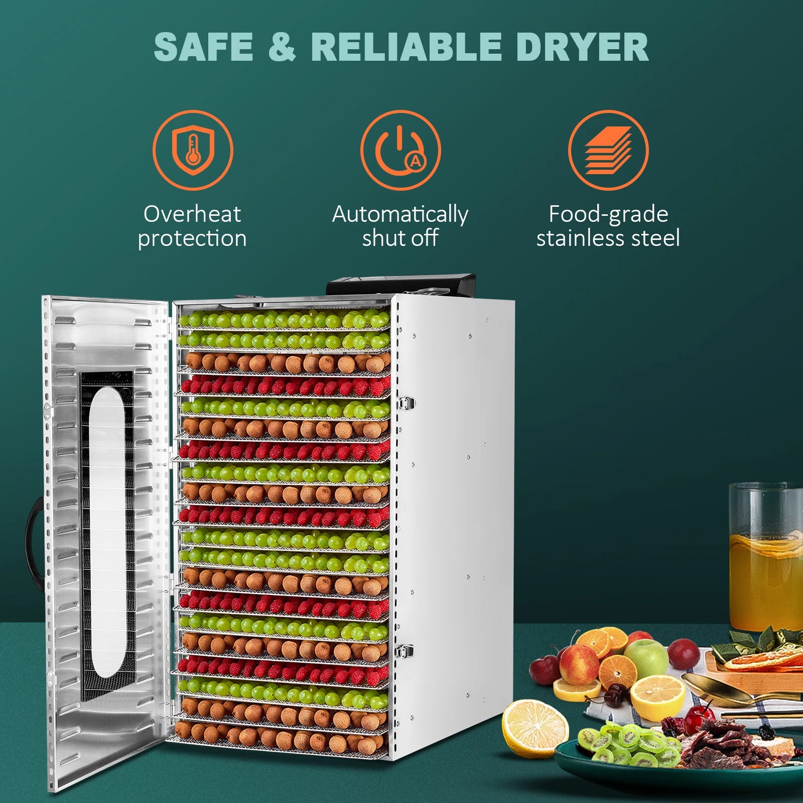 Stainless Steel Commercial Food Dehydrator with Adjustable Timer and 20 Trays