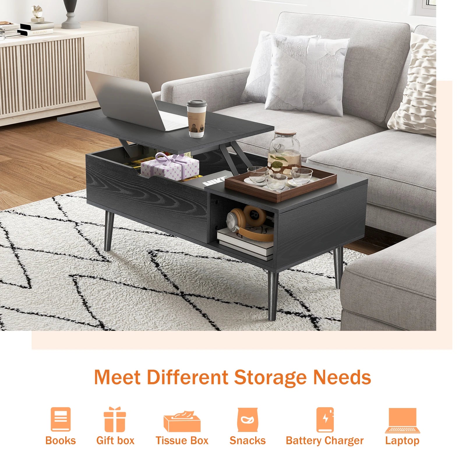 Coffee Table With Lift Top and Adjustable Storage Shelf,  Measures 39.37"x19.7"