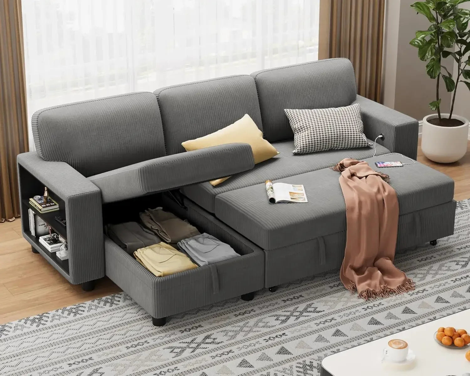 Sleeper Sofa with Built-in Large Storage and 2 Bookshelves and USB.