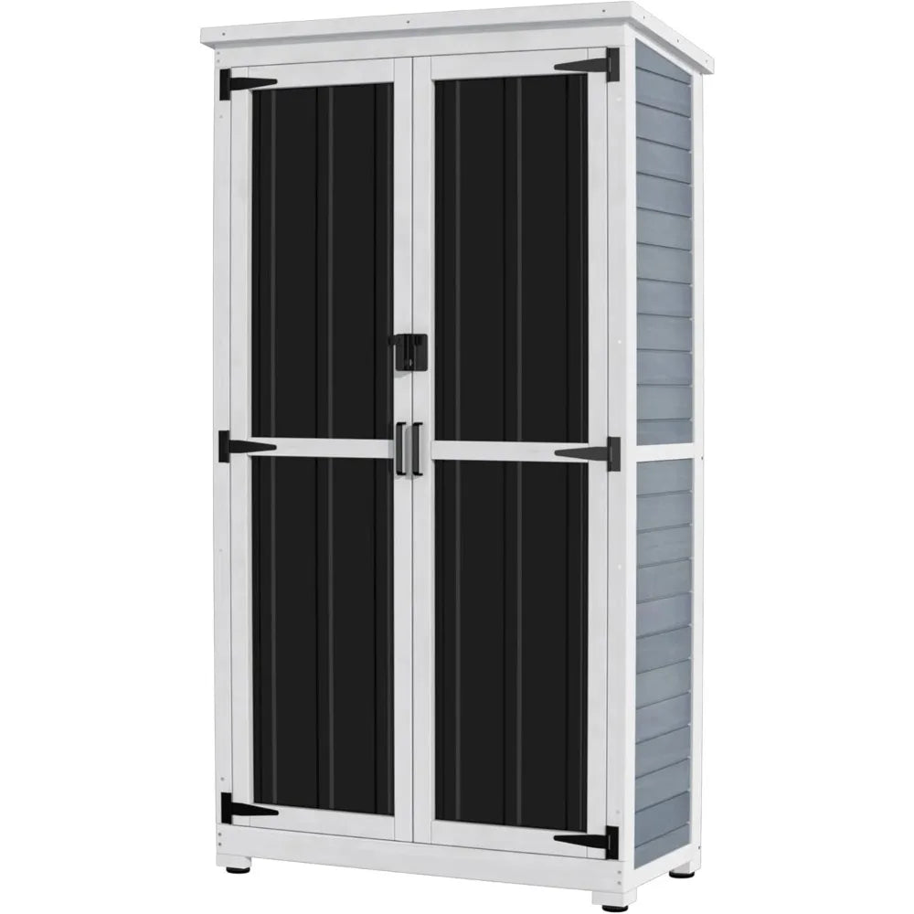 Wood and Metal Storage Cabinet With Waterproof Roof and Lockable Doors.