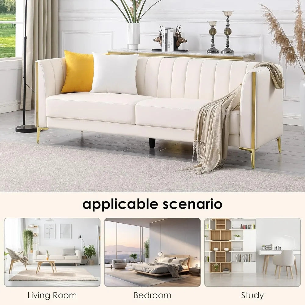 78'' Modern White Faux Leather Sofa with 2 Throw Pillows,