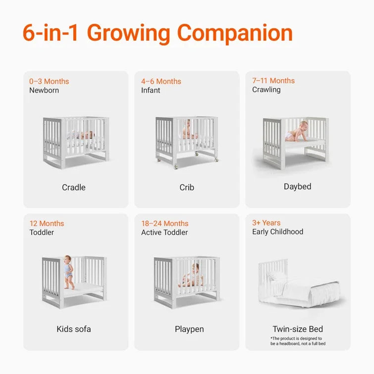 6-in-1 Adjustable Portable Mini White Crib including Mattress and made of New Zealand PInewood.