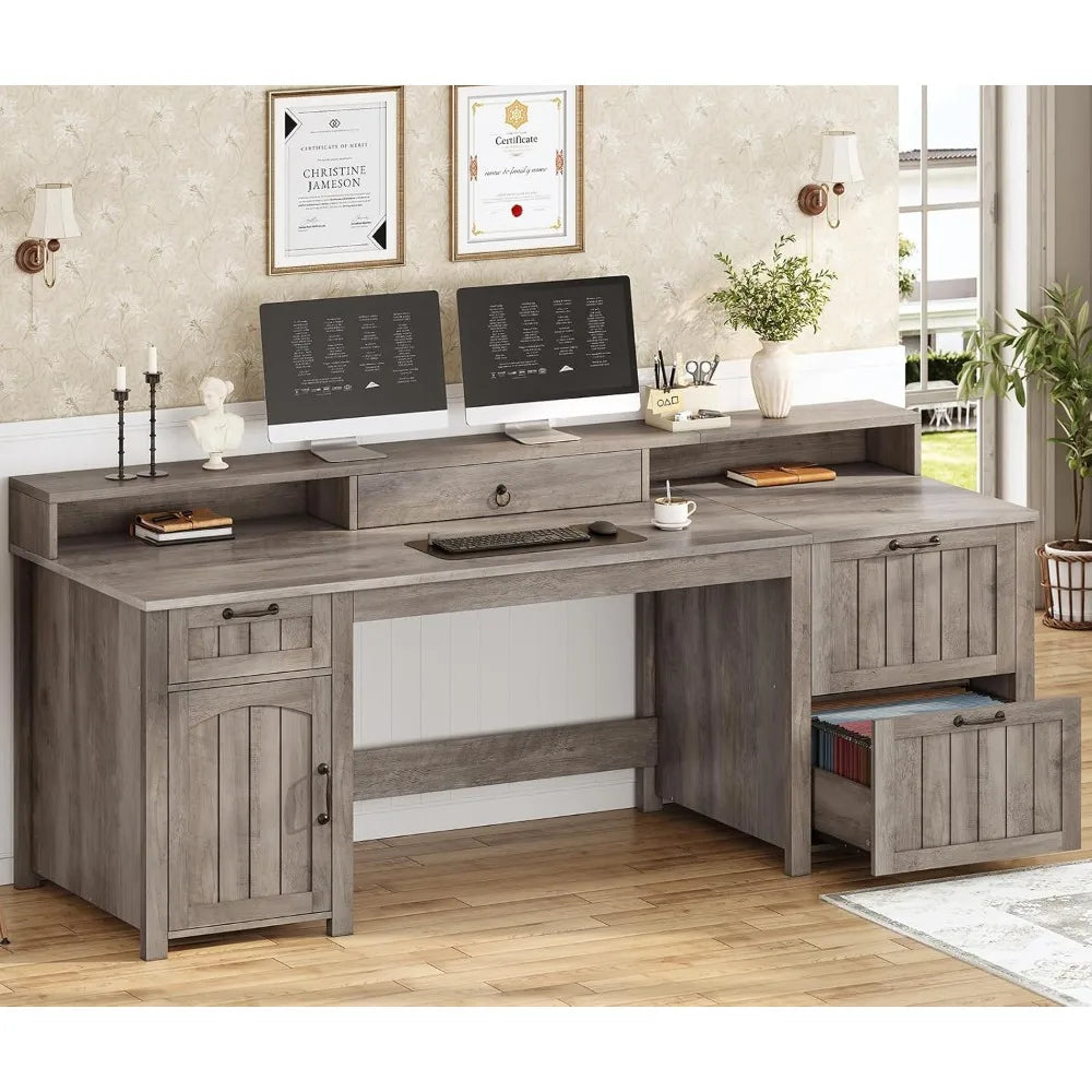 63" Wooden Farmhouse Executive Desk with Drawers, Storage Cabinet and File Drawer.