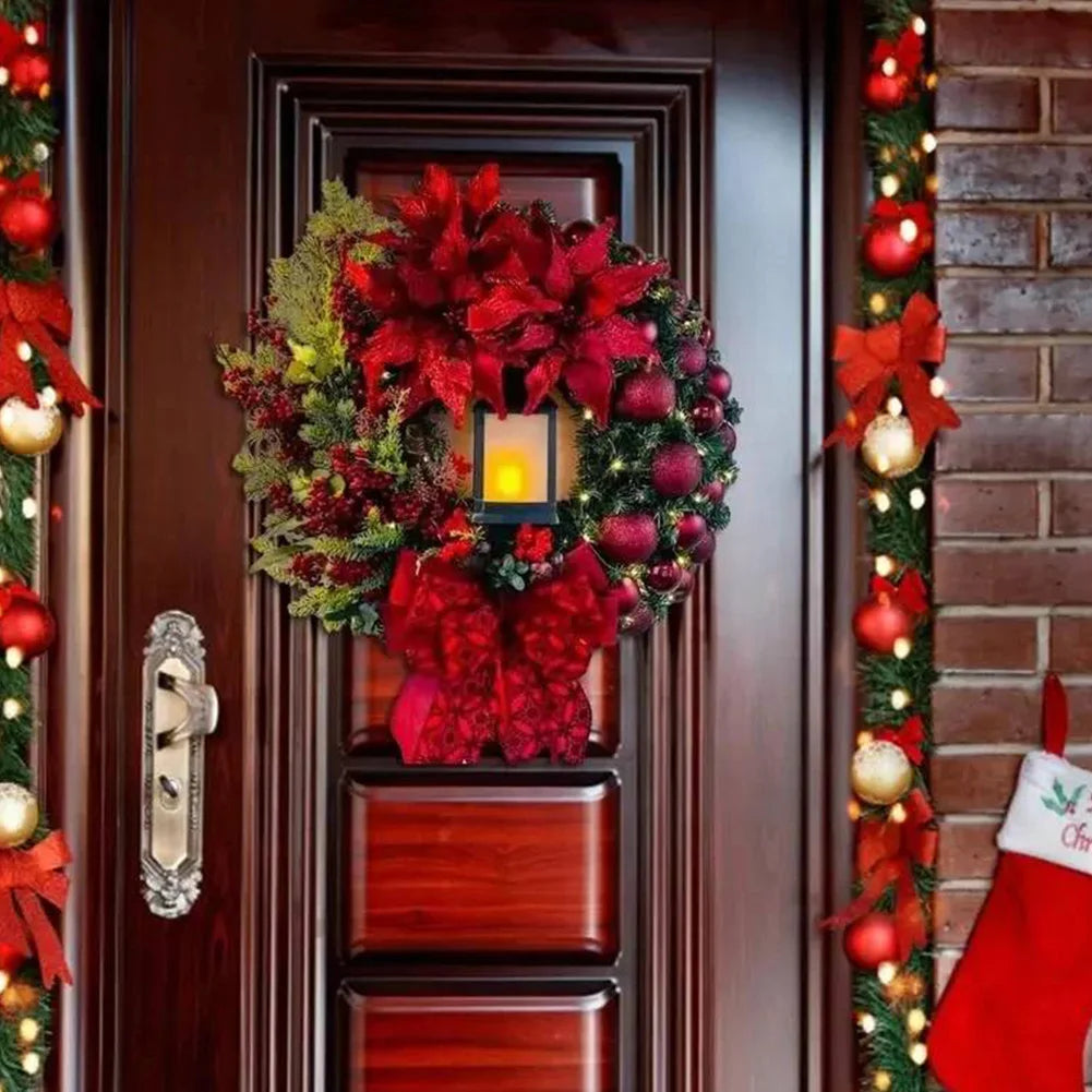 Christmas Wreath With Lamp (Battery Included) for Front Door, Wall, Window, Fireplace or Staircase Decoration.