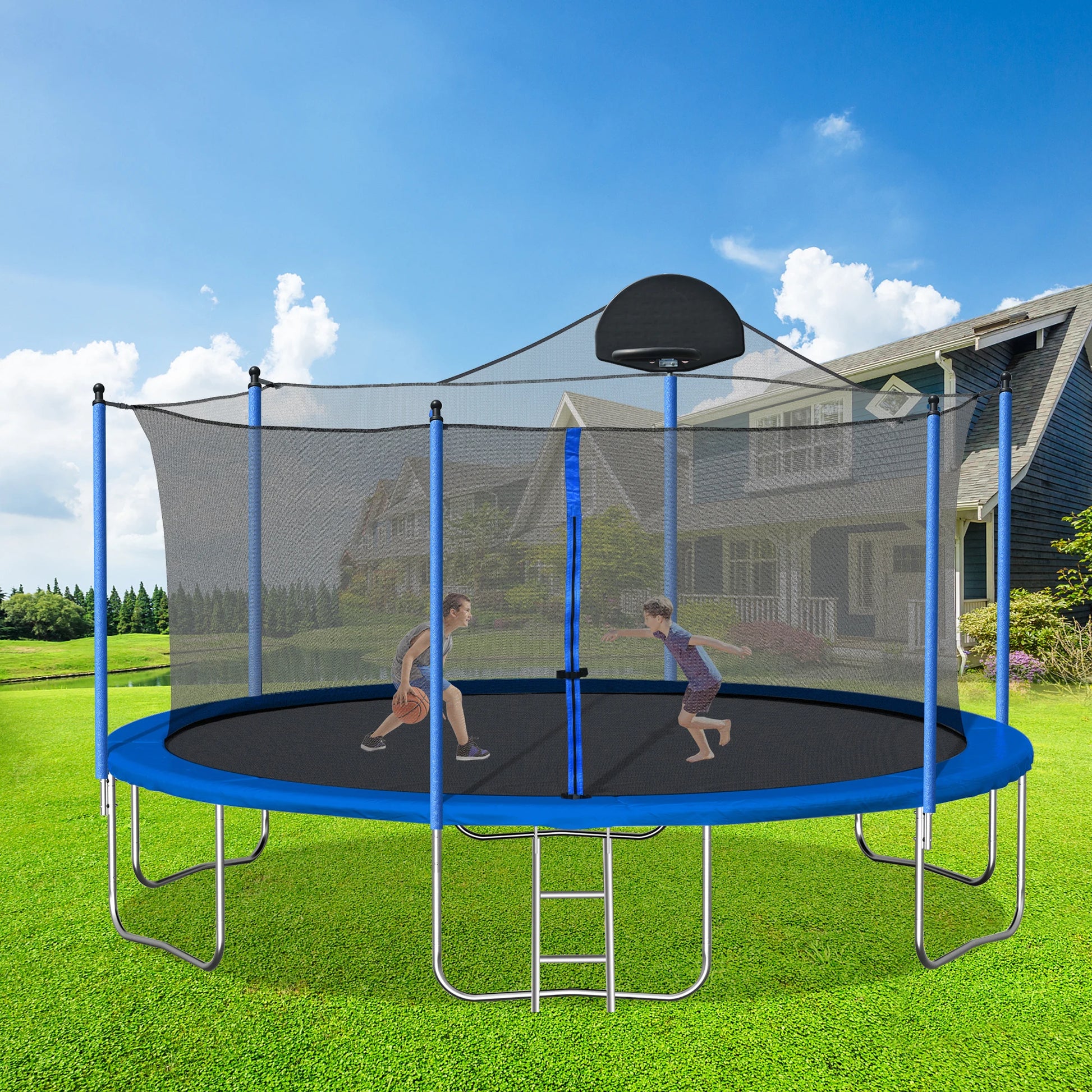 14FT Outdoor Trampoline With Basketball Backboard, Enclosure Net And Outside Ladder
