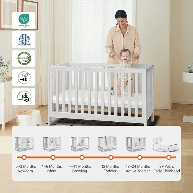 11-In-1 Adjustable Height Convertible Mini Cradle to Full Size Crib with Removable Wheels. Color White,