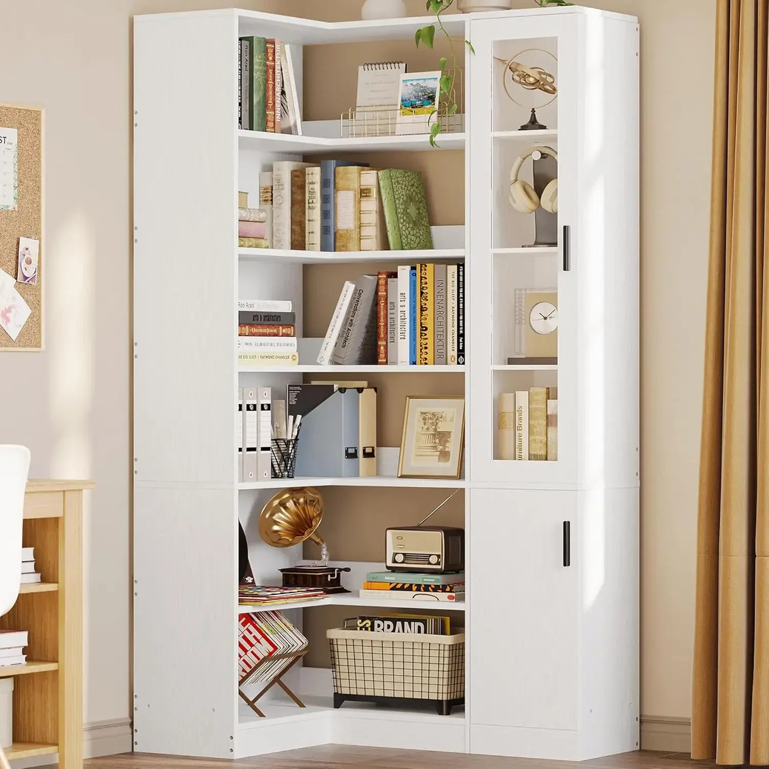 6-Shelf Corner Bookshelf with Doors and Storage,