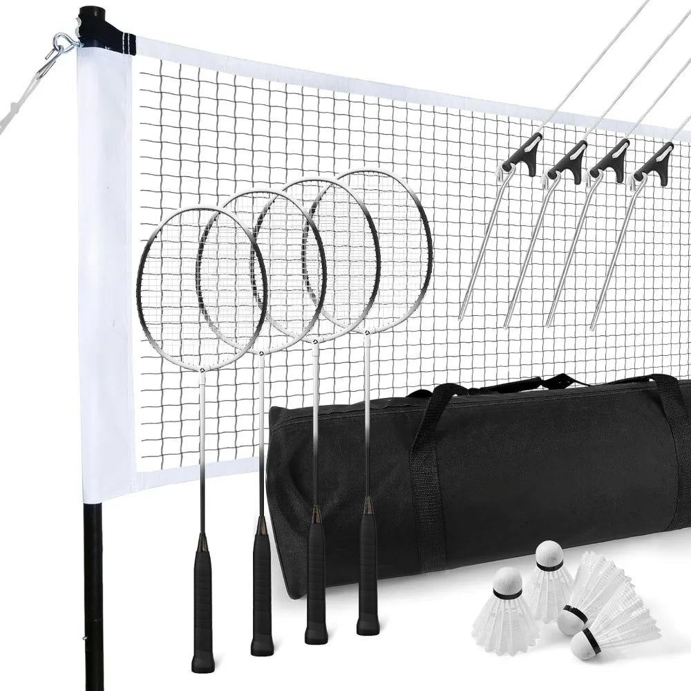 Backyard Badminton Set  with Professional Net, 4 Shuttlecocks, 4 Badminton Rackets, and Carrying Case.