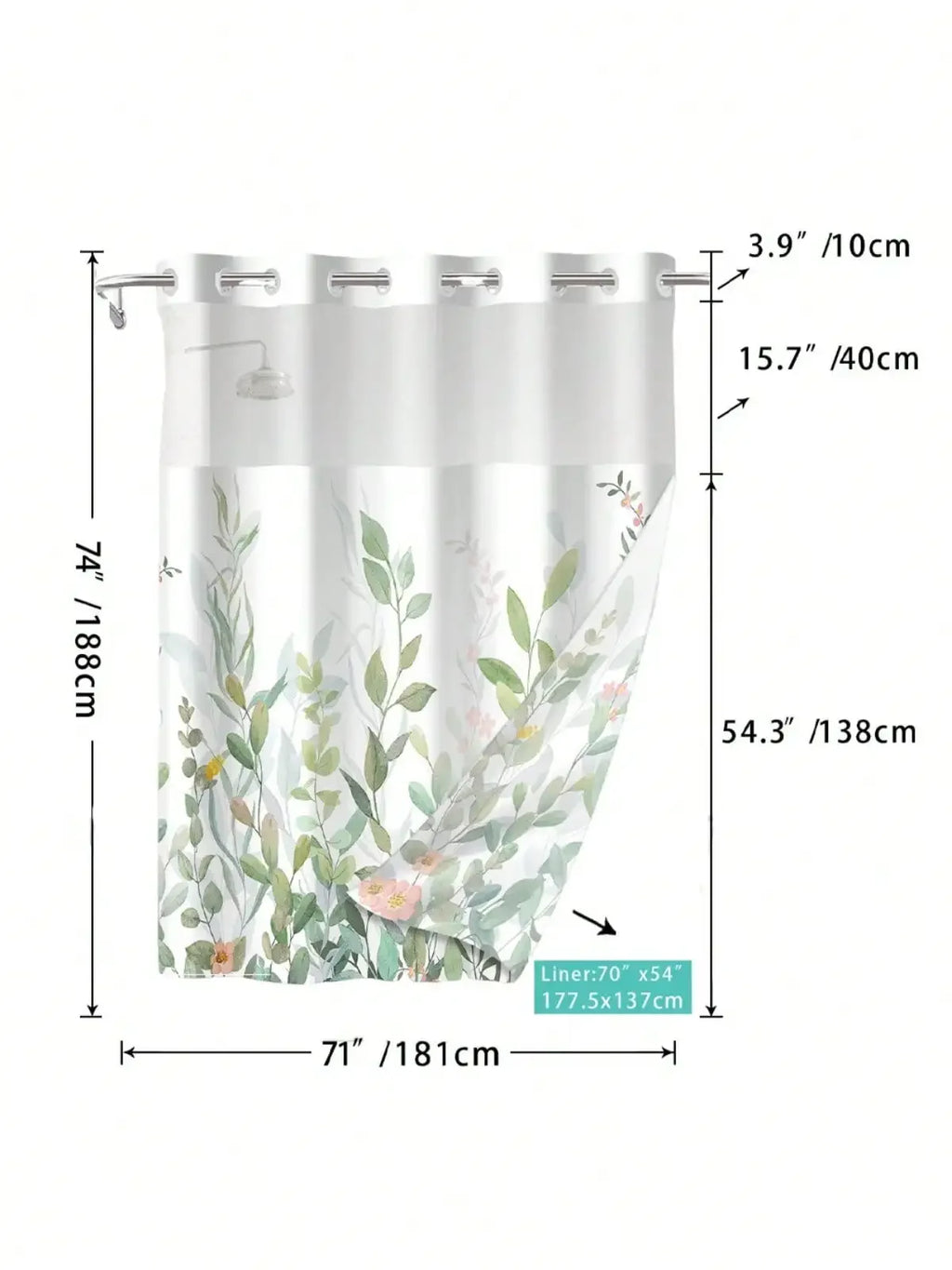 Plant Pattern No Hook Waterproof Removable Shower Curtain,.
