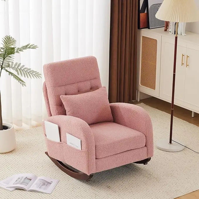 Upholstered Rocking Chair/Glider with Thick Headrest, Curved Armrest and Side Pockets. Two Styles and Various Colors.