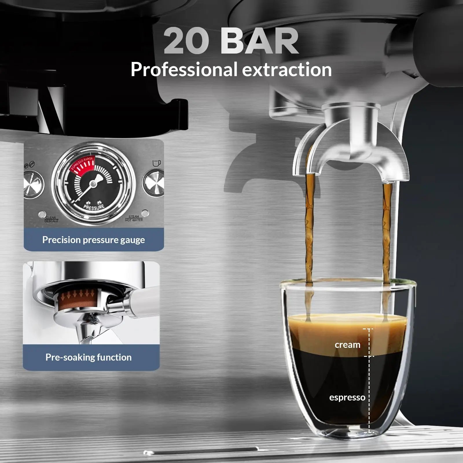Espresso Stainless Steel Coffee Maker With Grinder and Milk Frother, 2.8L Water Tank.