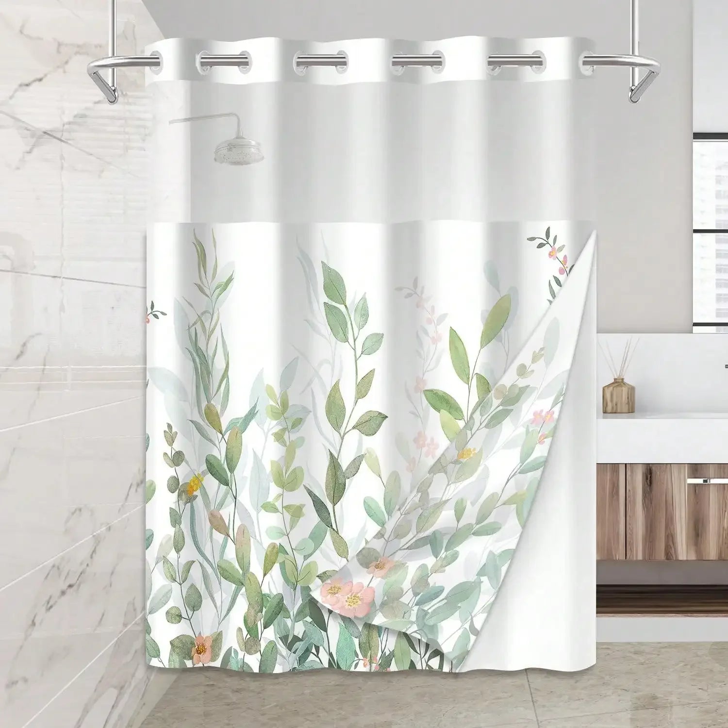 Plant Pattern No Hook Waterproof Removable Shower Curtain,.