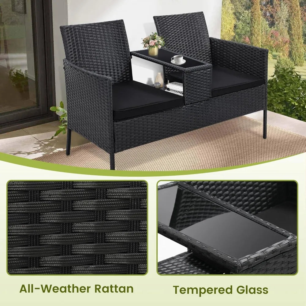 Wicker 2 Seat Outdoor Rattan Loveseat with Table and Washable Cushion Covers
