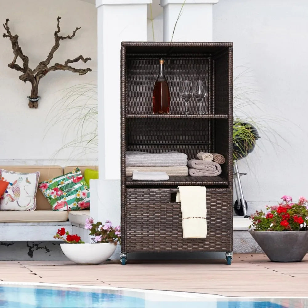 Outdoor Pool Towel Wicker Storage Cabinet with Shelves & Drawer.