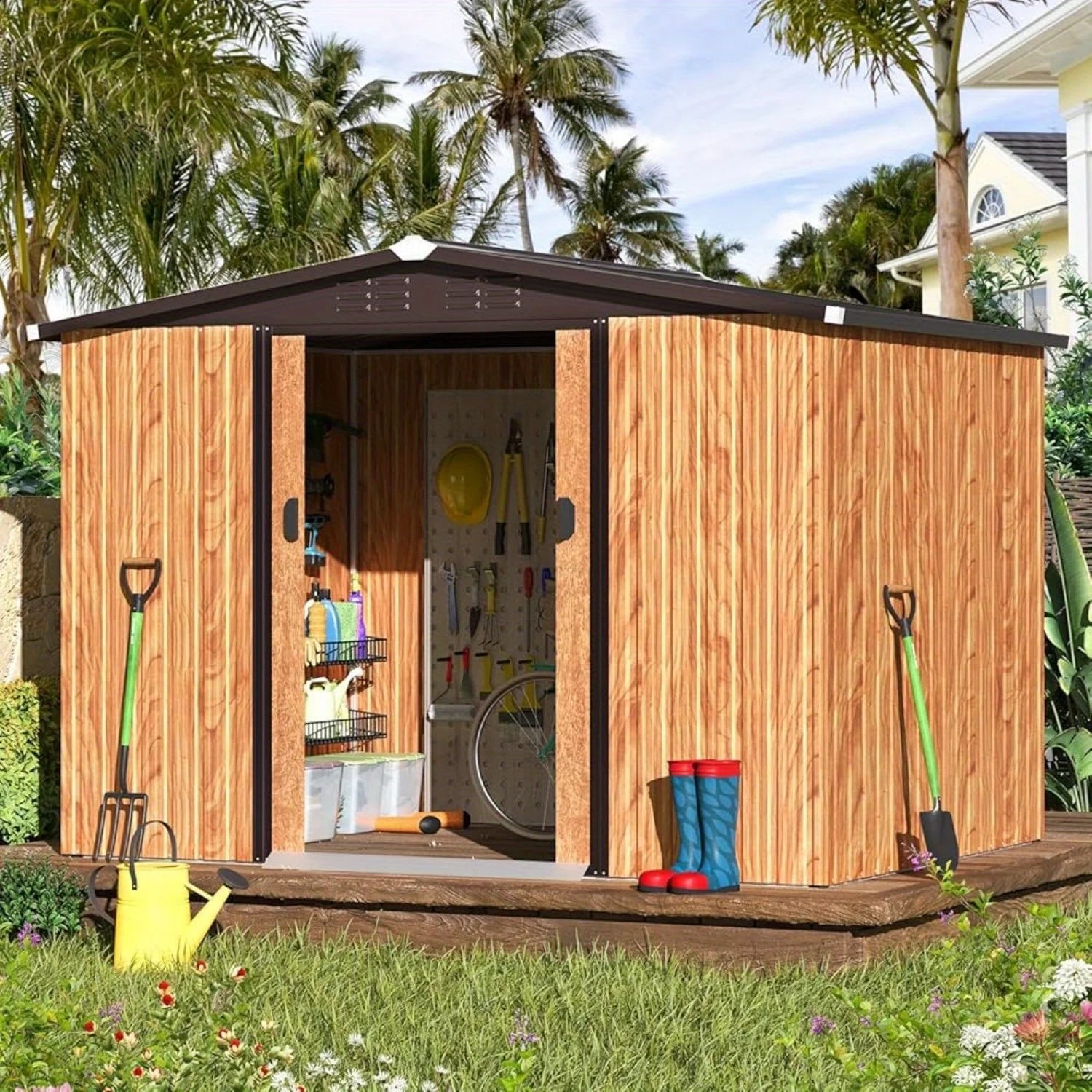 8x6 Ft Outdoor Storage Shed with Sliding Door and Metal Frame