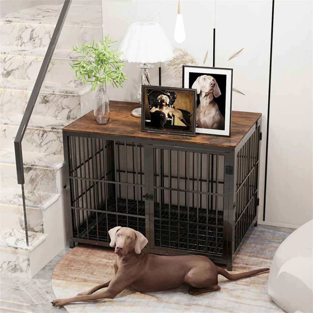 Large Indoor Wooden Dog Crate with 3 Doors and a Removable Tray; Can Serve As End Table