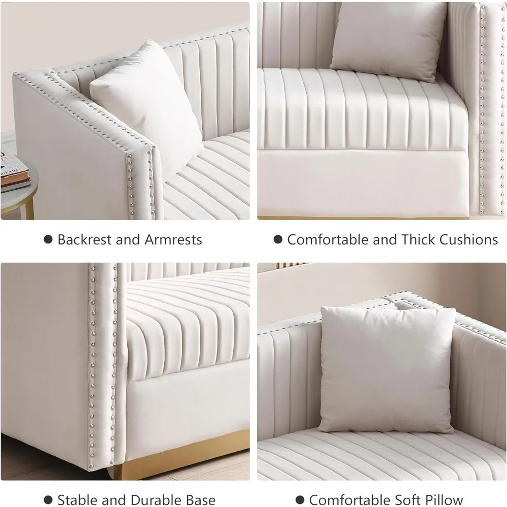 Luxury Velvet Sofa Set for Living Room with Nailhead Gold Metal Legs and 4 Pillows.