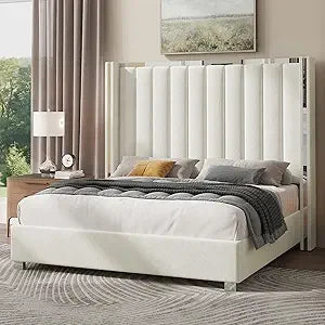 Queen Size Bed Frame with 58" Tall Velvet Upholstered Headboard,