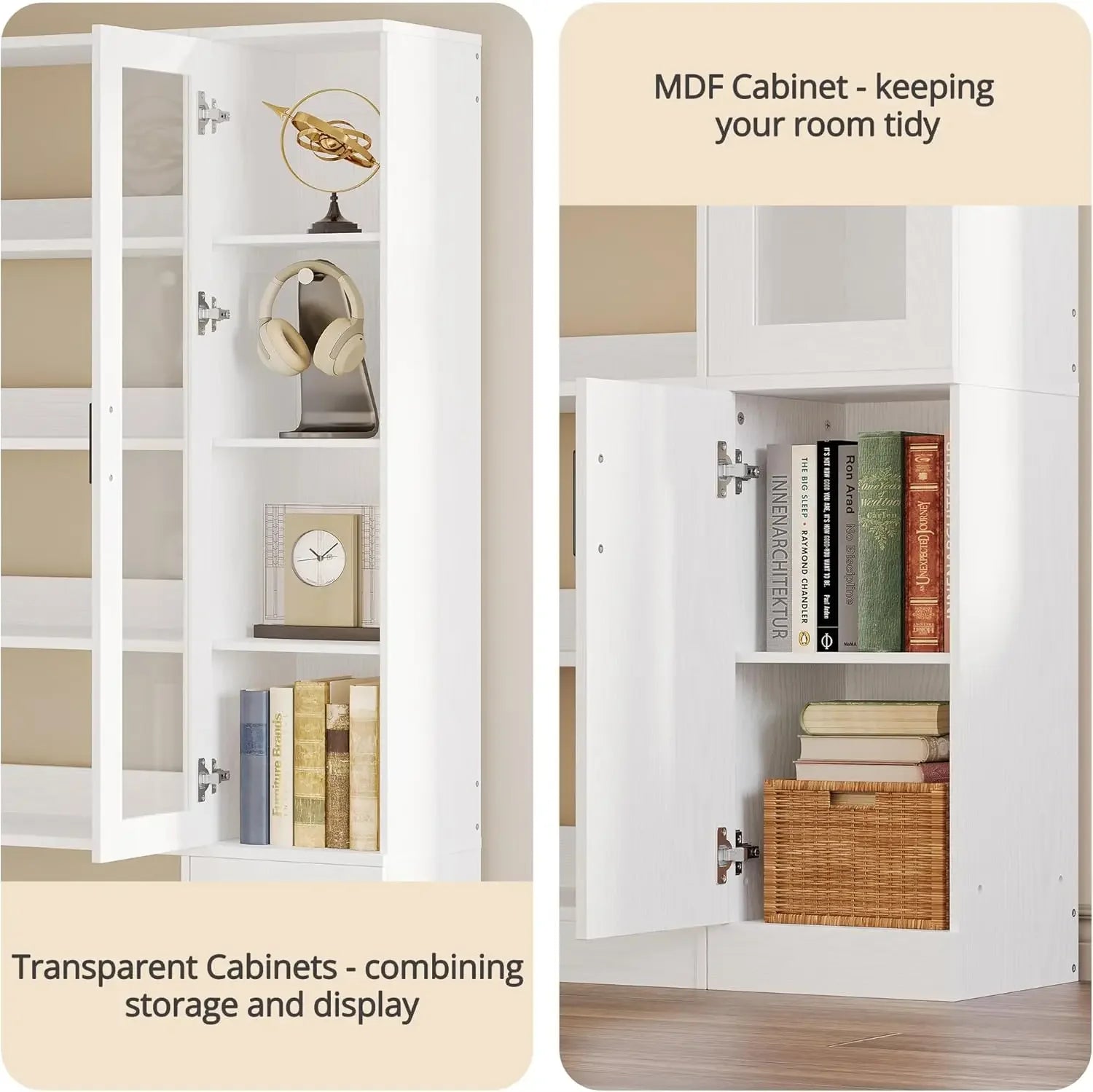 6-Shelf Corner Bookshelf with Doors and Storage,