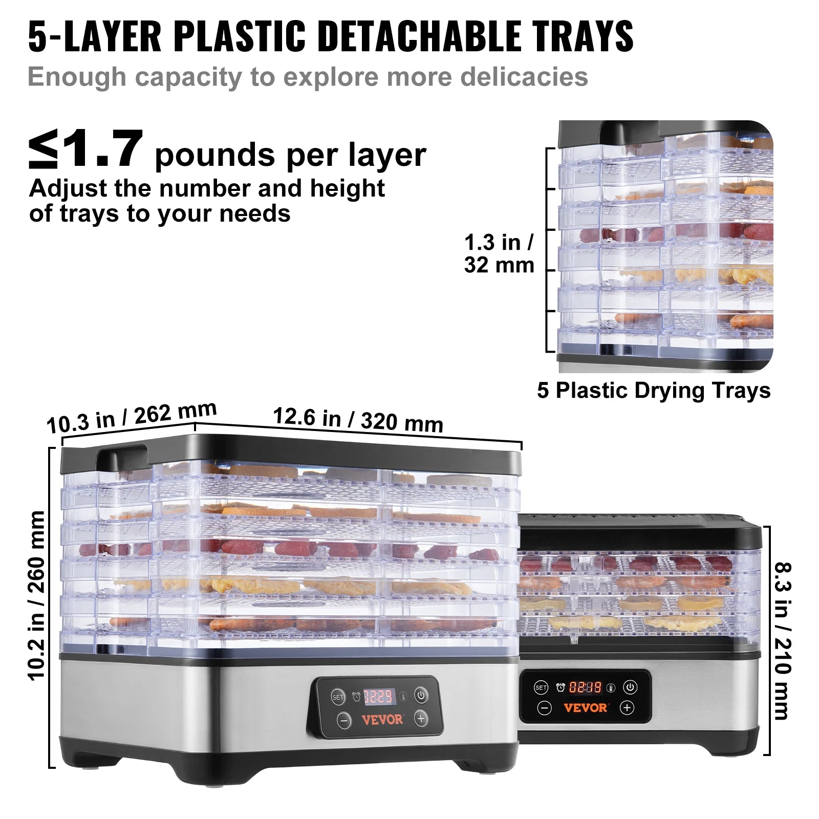 300W Stainless Steel Electric 5 Tray Food Dehydrator w/ Digital Adjustable Time & Temperature; Dishwasher Safe.