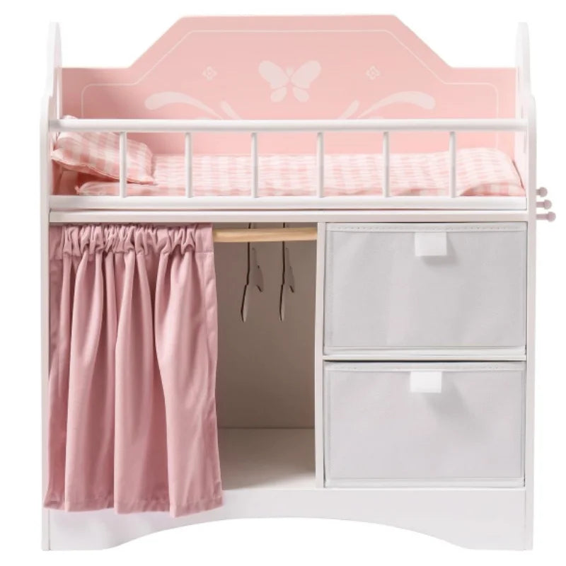 Pink and White Wooden Baby Doll Furniture Crib  with Storage Bedding and Wooden Hooks .