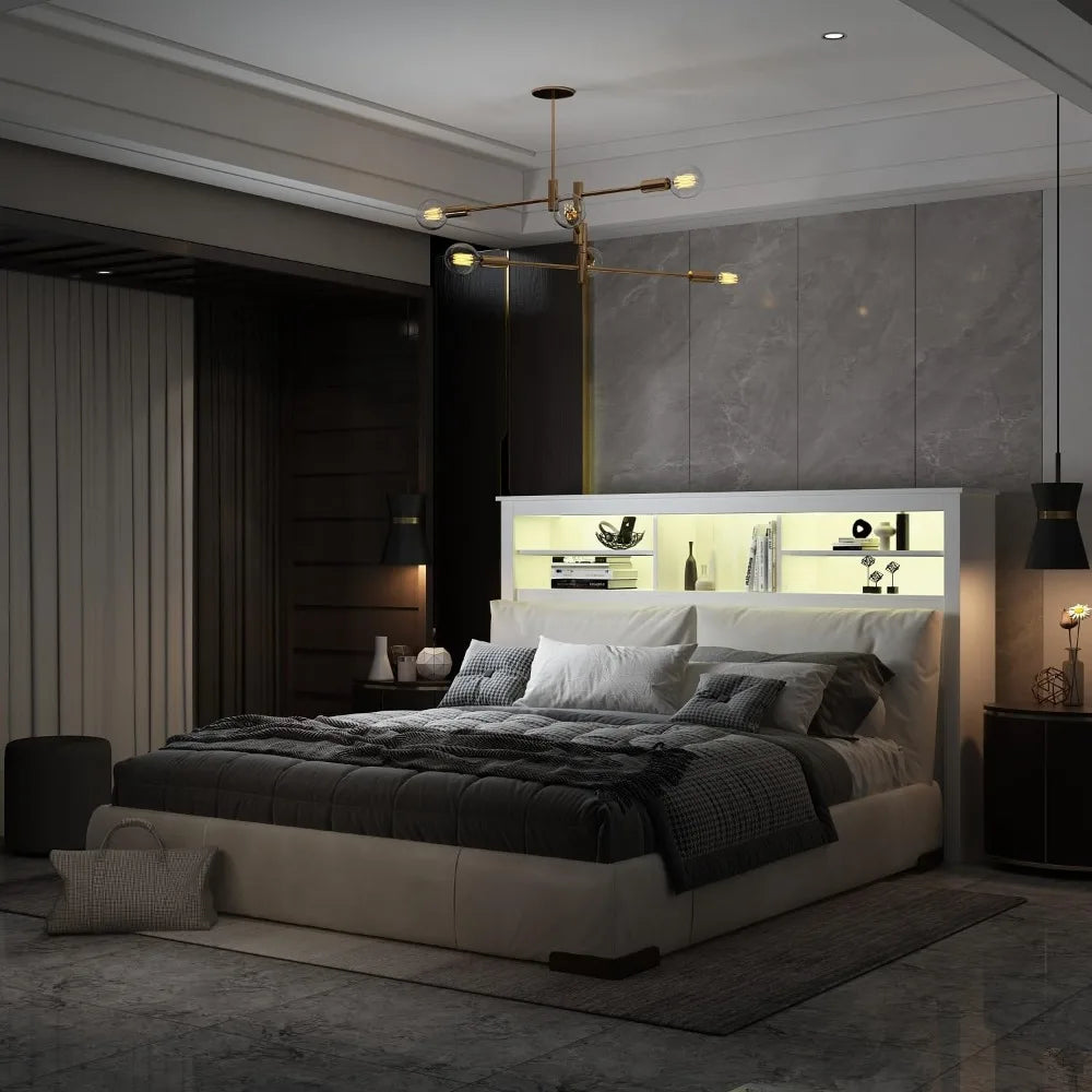 Full/Queen Size Wooden Headboard with Adjustable Light and Shelves