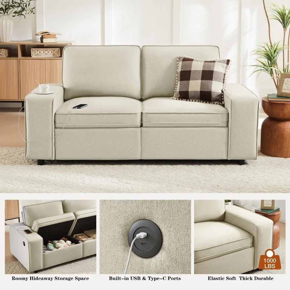 2-Seater Loveseat Sofa  with Seat Storage, Side Pockets & Type-C/USB Ports,