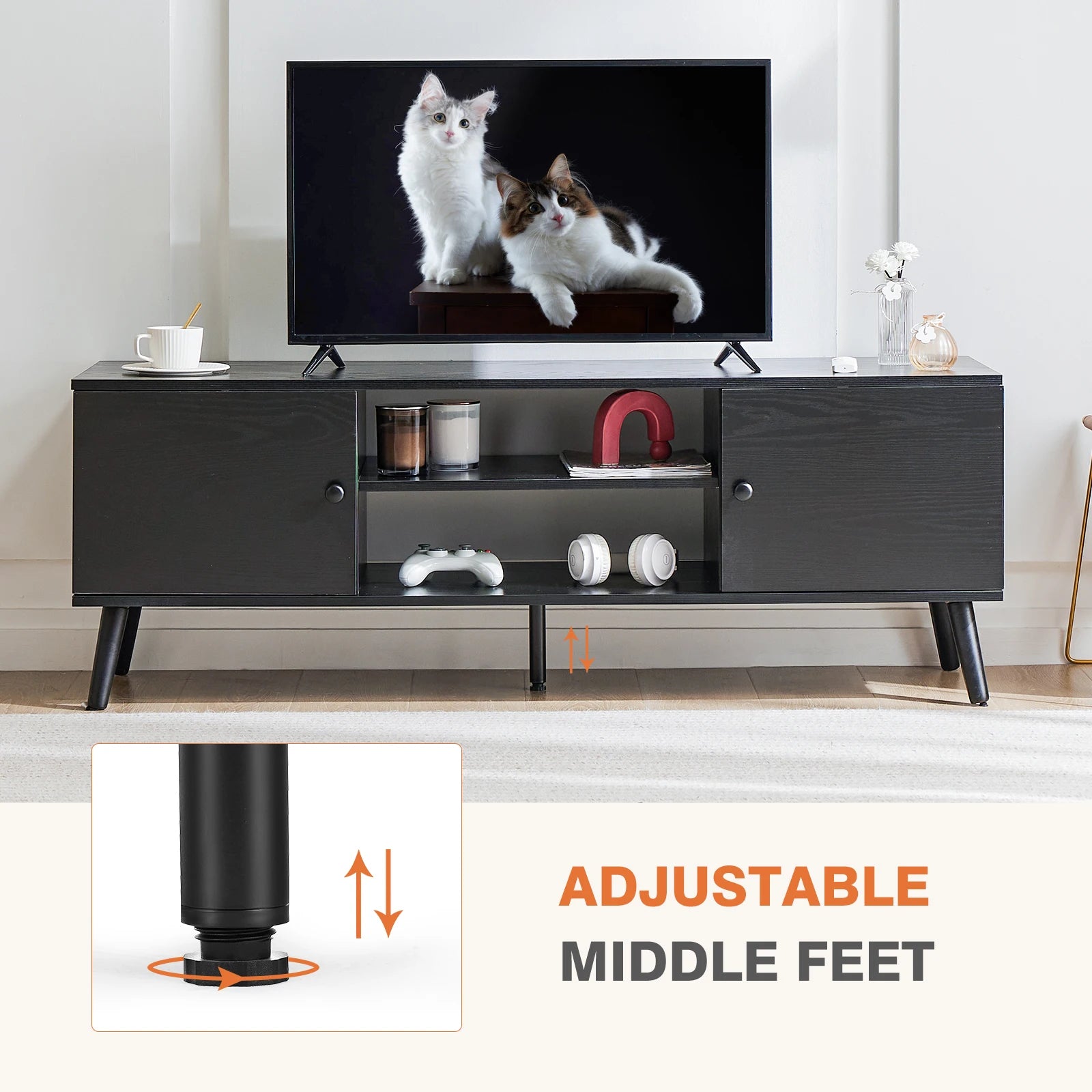 Wooden Stand/Entertainment Center For Up To 60 Inch TV with two Cabinets, Adjustable Shelf  and Two Cord Holes