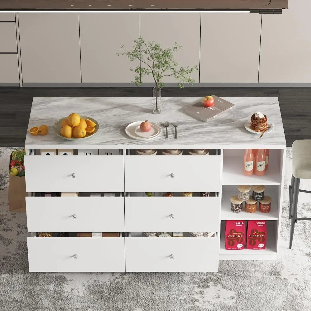 Stationary Kitchen Island with Storage Cabinet, 6 Open Shelves & 2 Drawers.