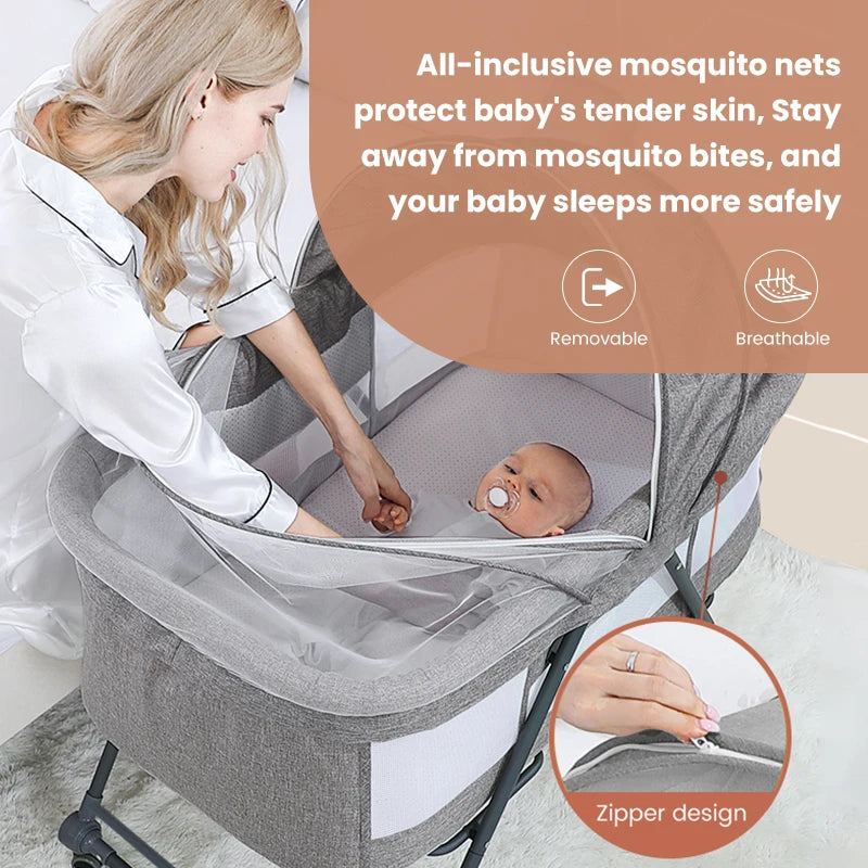 SEJOY Baby Crib Rocking Crib Convertible multi-function folding With Mosquito Net & Mattress & Wheels
