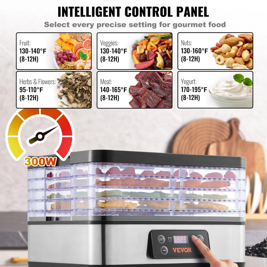 300W Stainless Steel Electric 5 Tray Food Dehydrator w/ Digital Adjustable Time & Temperature; Dishwasher Safe.