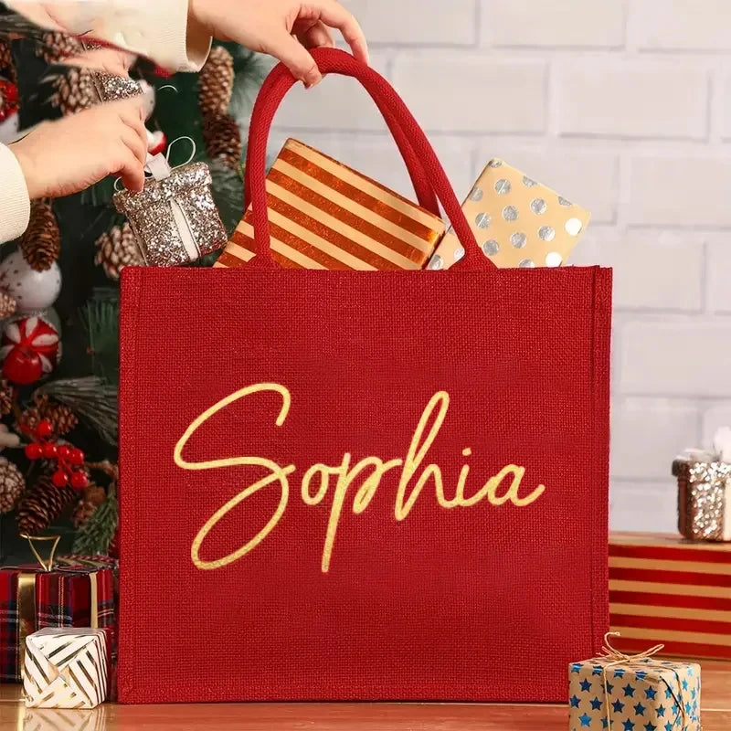 Personalized Name Red Burlap Tote Bag