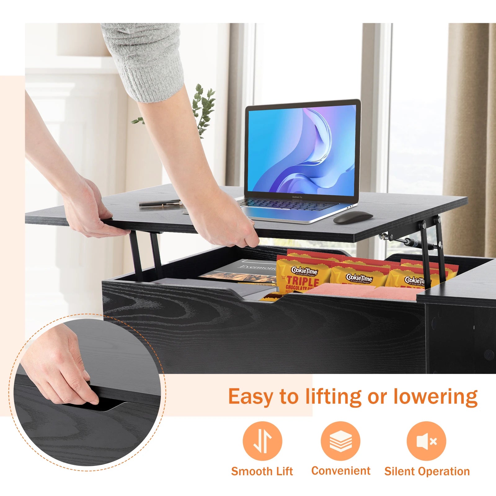 Coffee Table With Lift Top and Adjustable Storage Shelf,  Measures 39.37"x19.7"