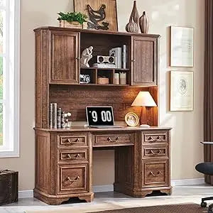 59" Farmhouse Executive Desk with Hutch,Wood Home Office Computer Desk, Featuring Keyboard Tray,Charging Station,File Drawer, S