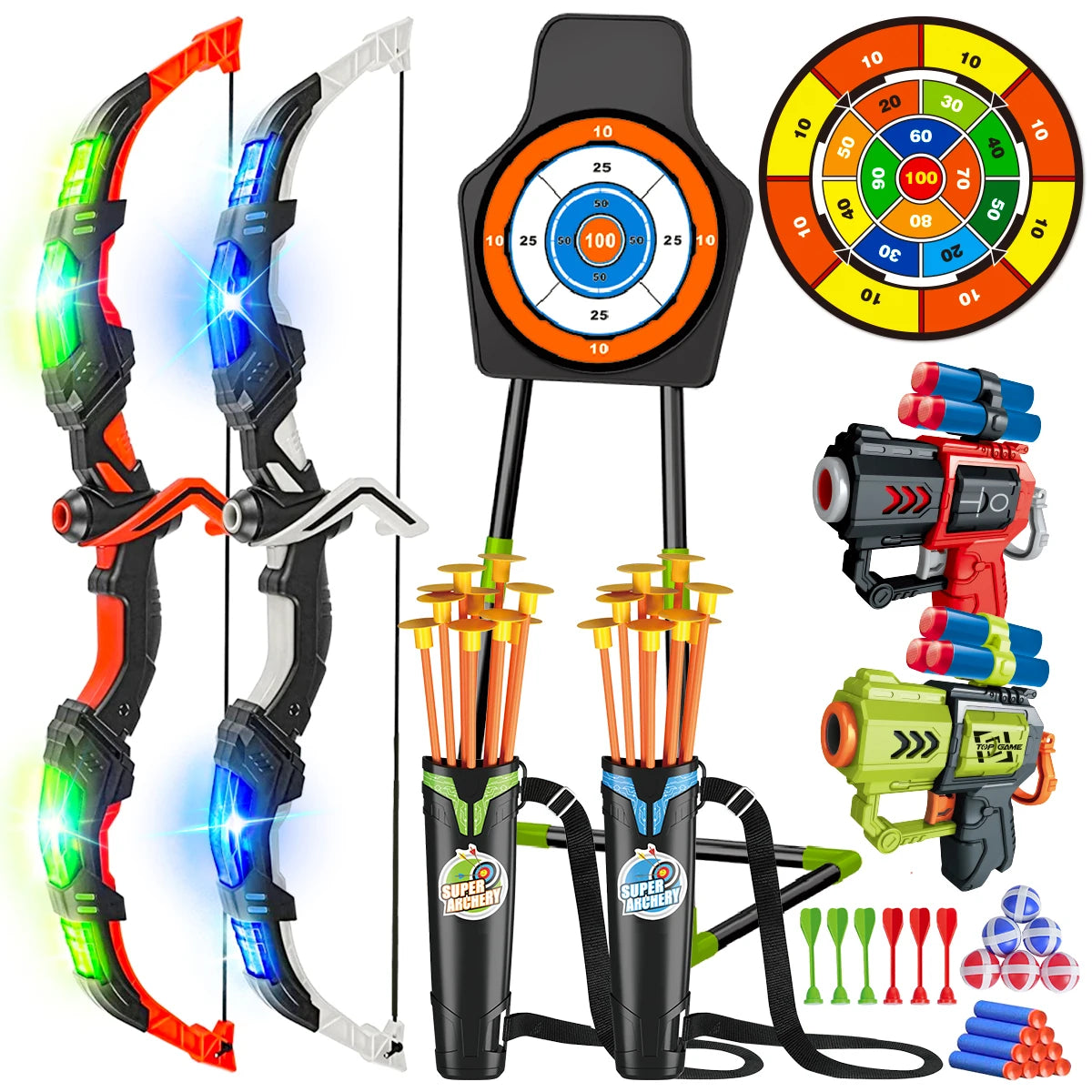 Toy Set for Kids with Bow N Arrow + Guns  (x2) w/LED Light Up and Suction Cup Arrows