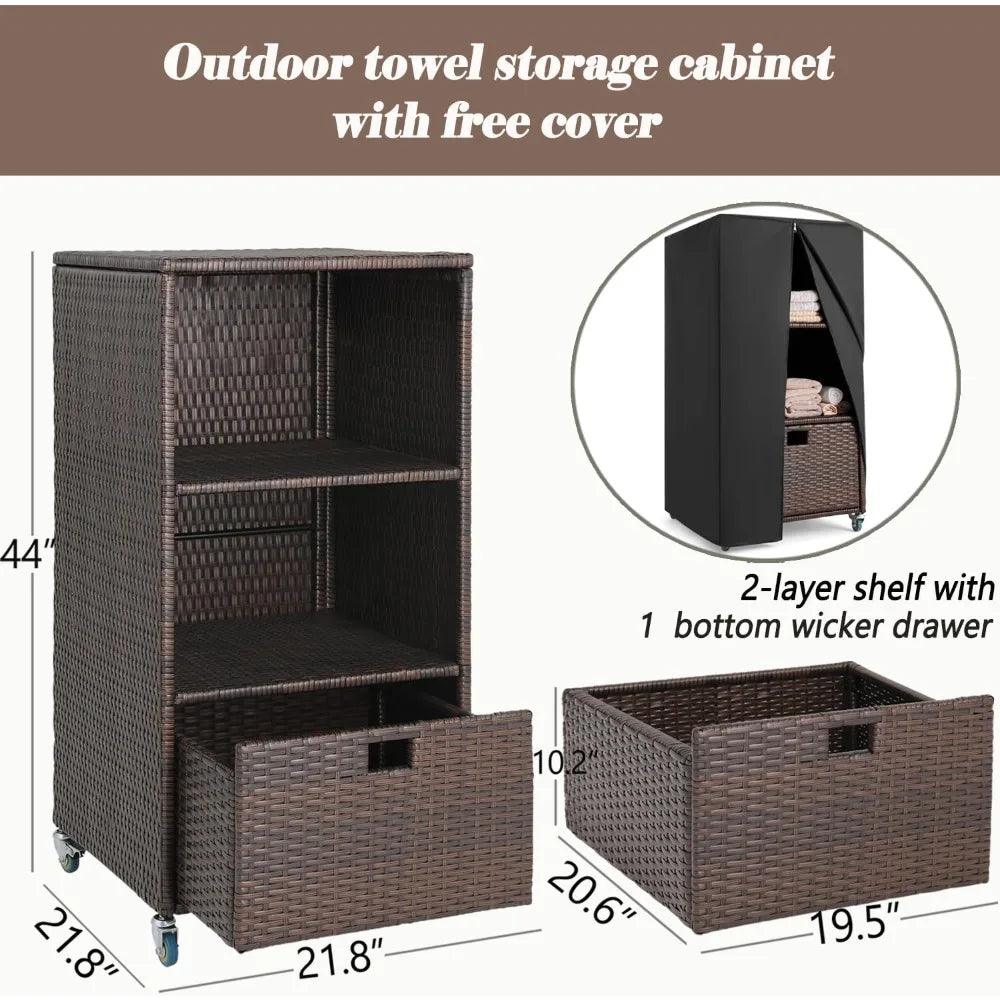 Outdoor Pool Towel Wicker Storage Cabinet with Shelves & Drawer.