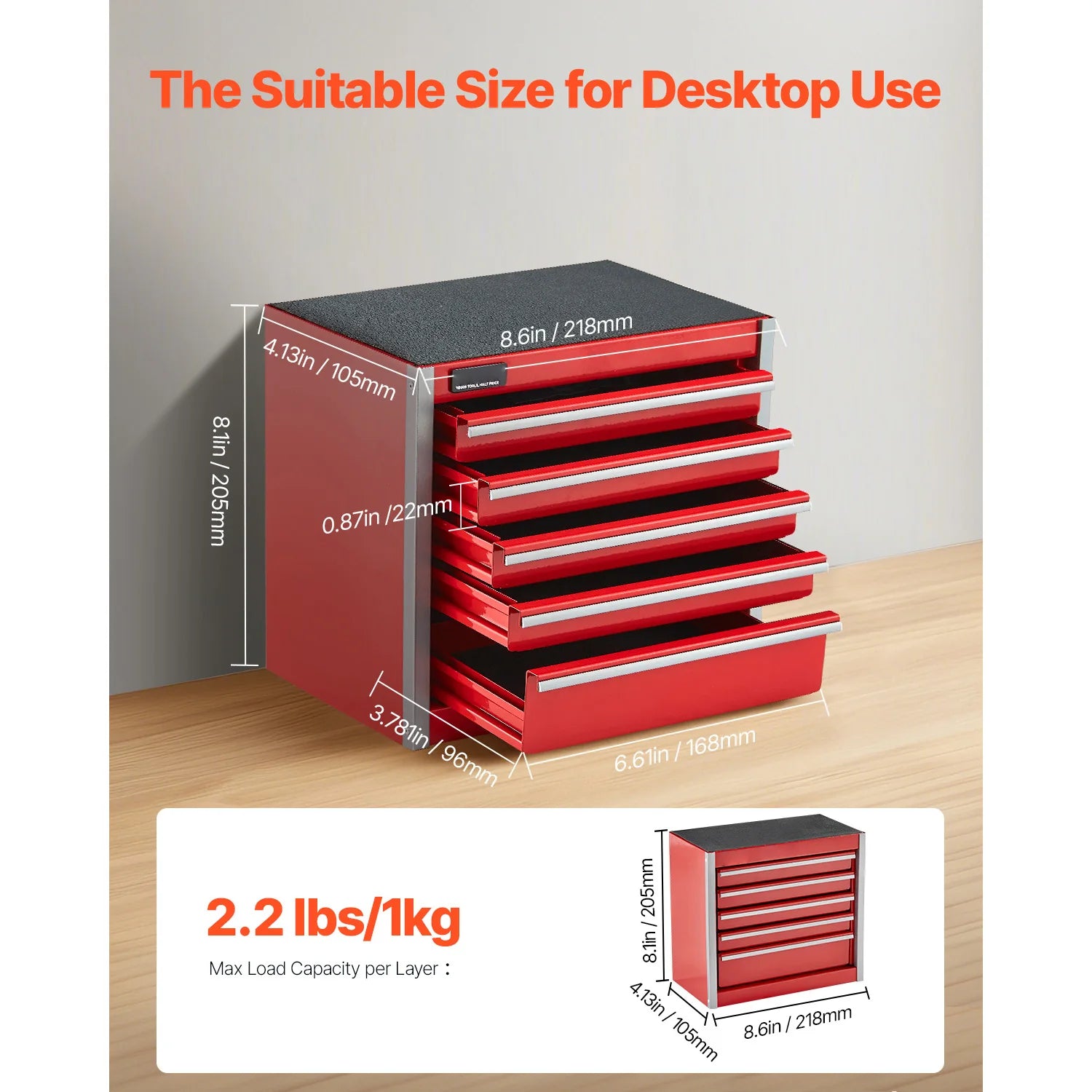 Red/Black Small 5-Drawer 8.6" Metal Tool Box for Cabinet Top Use.