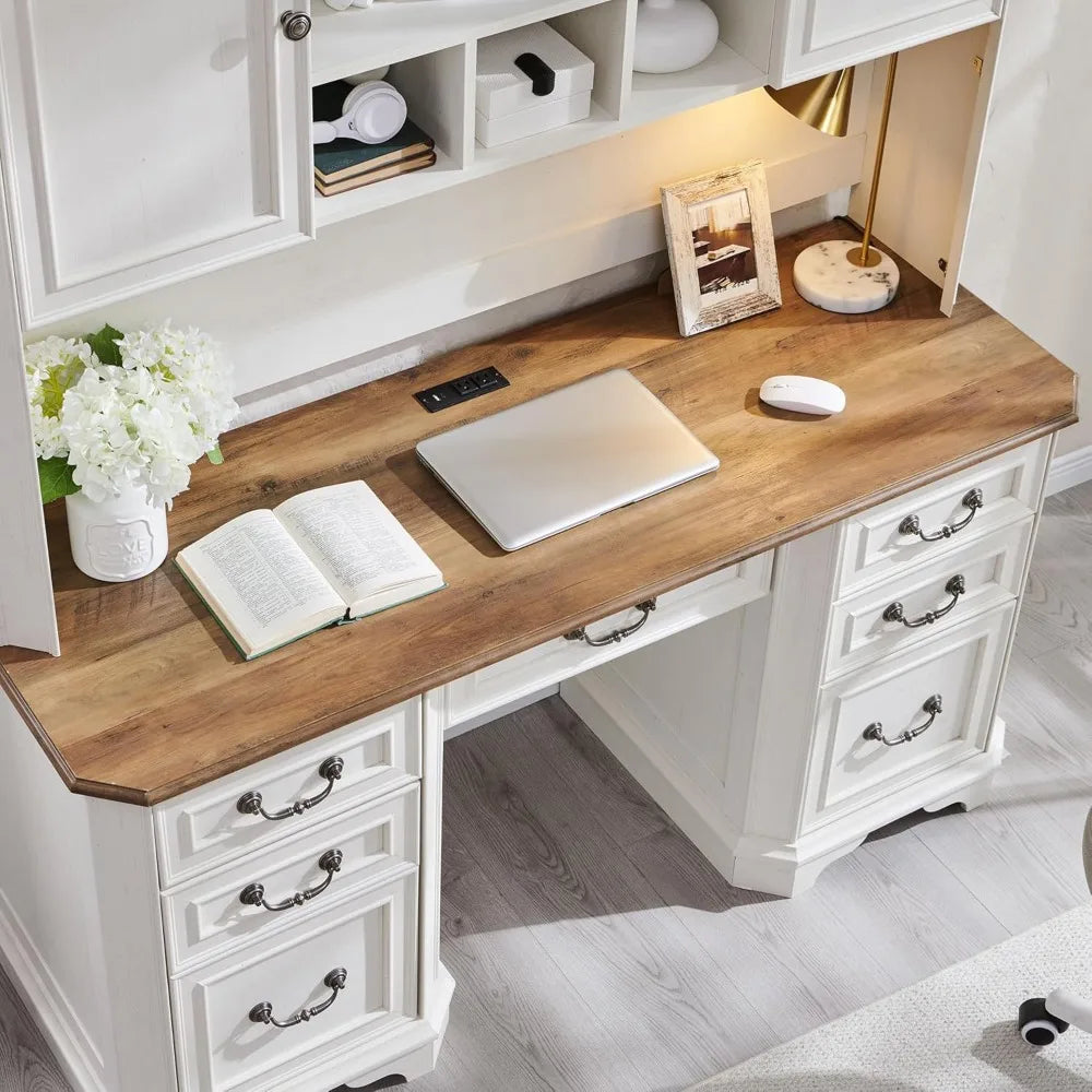 59" Farmhouse Executive Desk with Hutch,Wood Home Office Computer Desk, Featuring Keyboard Tray,Charging Station,File Drawer, S