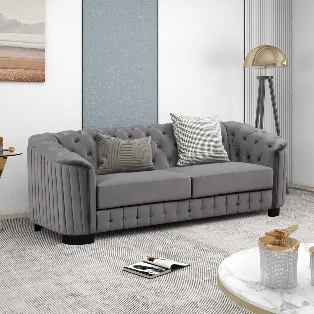 82'' 3-Seat Tufted Upholstered Velvet Chesterfield Sofa in Grey or Beige Color