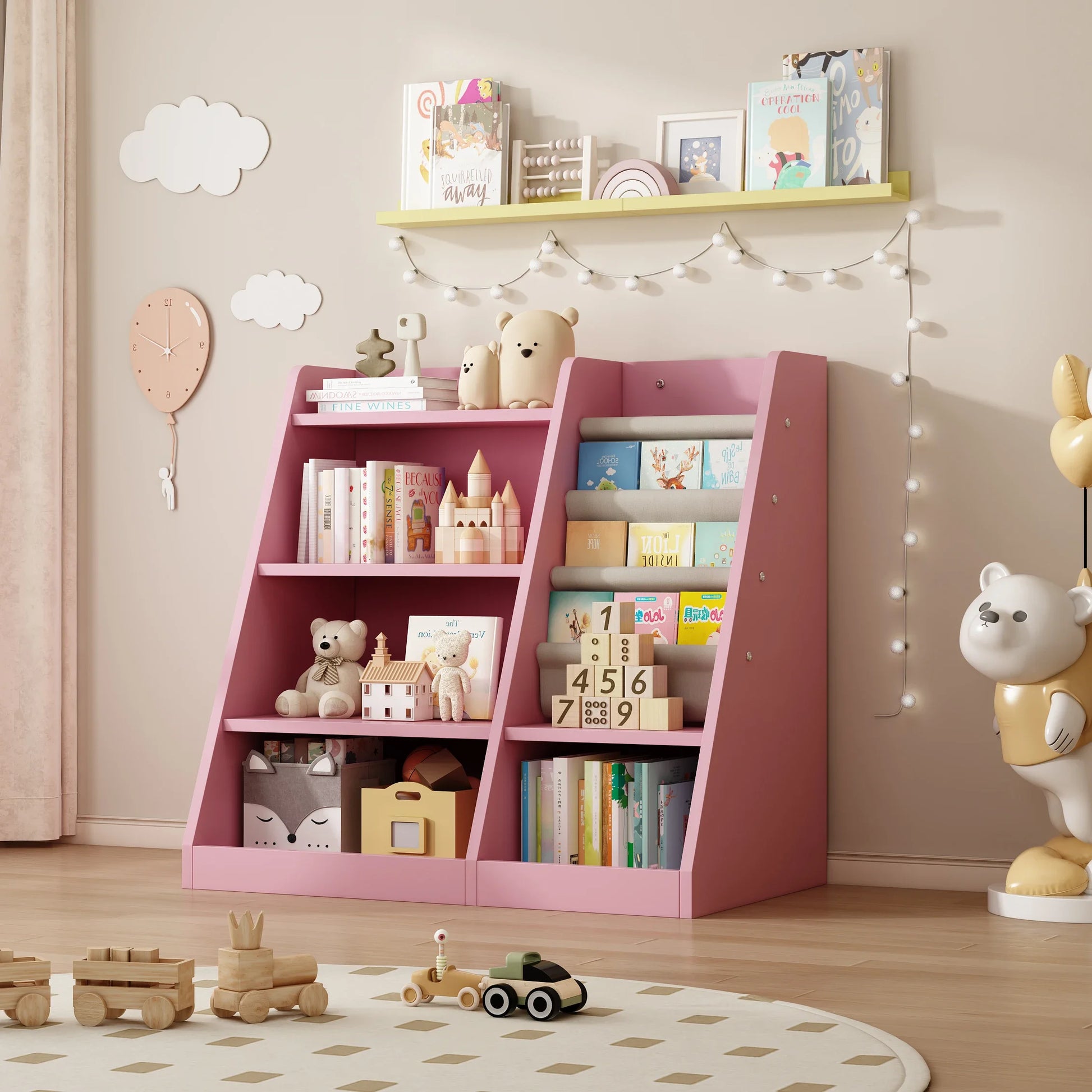 Pink Wooden Children's Toy Storage Cabinet/Bookcase with Adjustable Shelves.