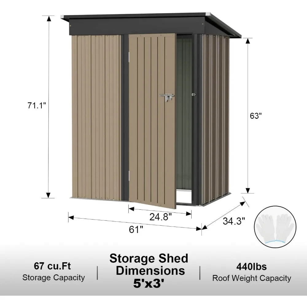 5 x 3 Ft. Outdoor Waterproof Metal Storage Shed with Lockable Door.