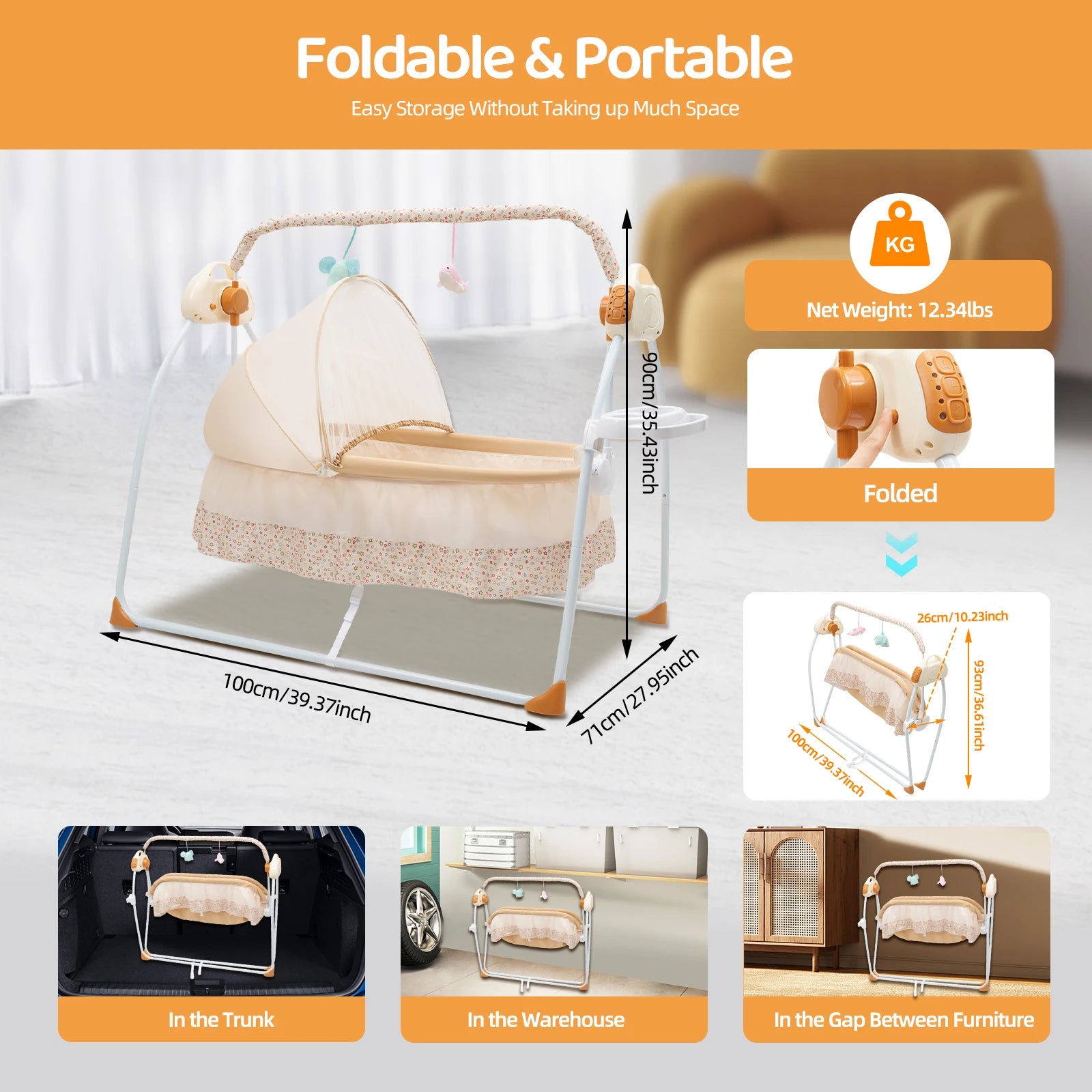 0-18 Months Infant Electric Foldable Baby Crib with Auto Swing and Remote Control.