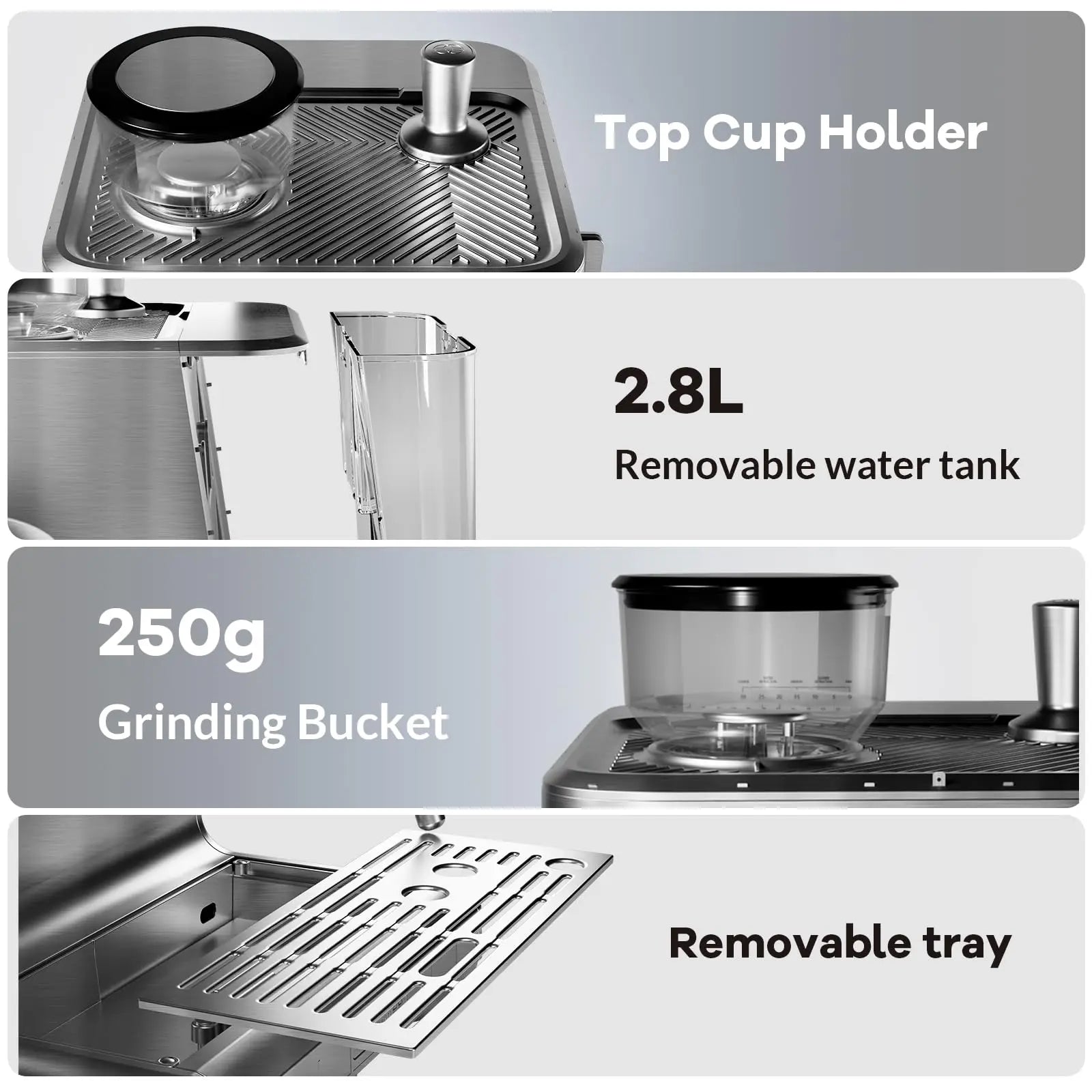Espresso Stainless Steel Coffee Maker With Grinder and Milk Frother, 2.8L Water Tank.