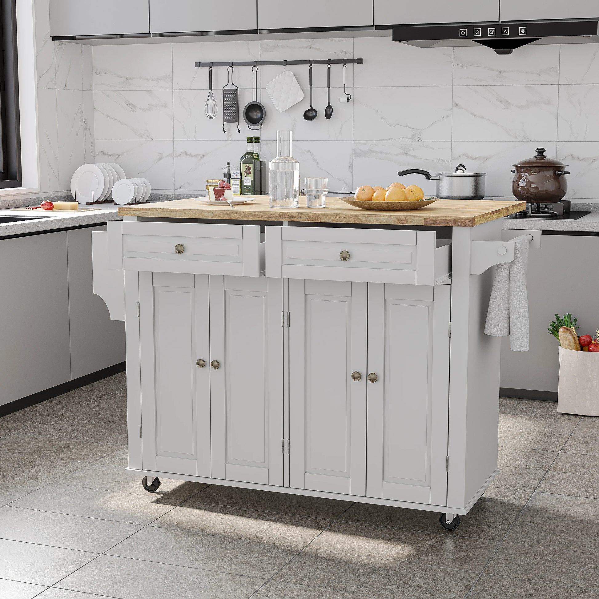 Rolling Kitchen Island with Drop Leaf and Storage Cabinet.