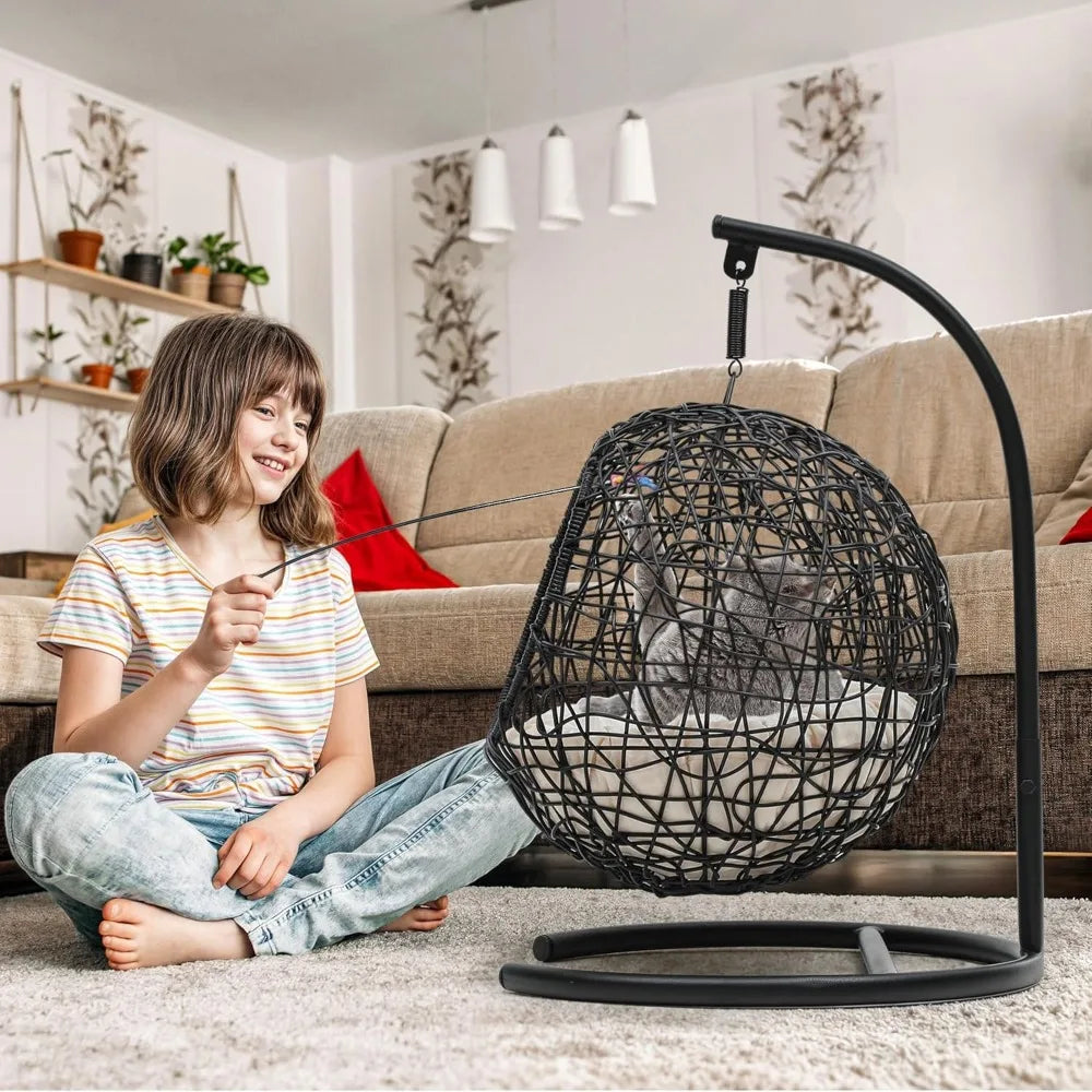 Rattan Wicker Appearance Swinging Cat Bed with Stand & Cushion for Small Animals.