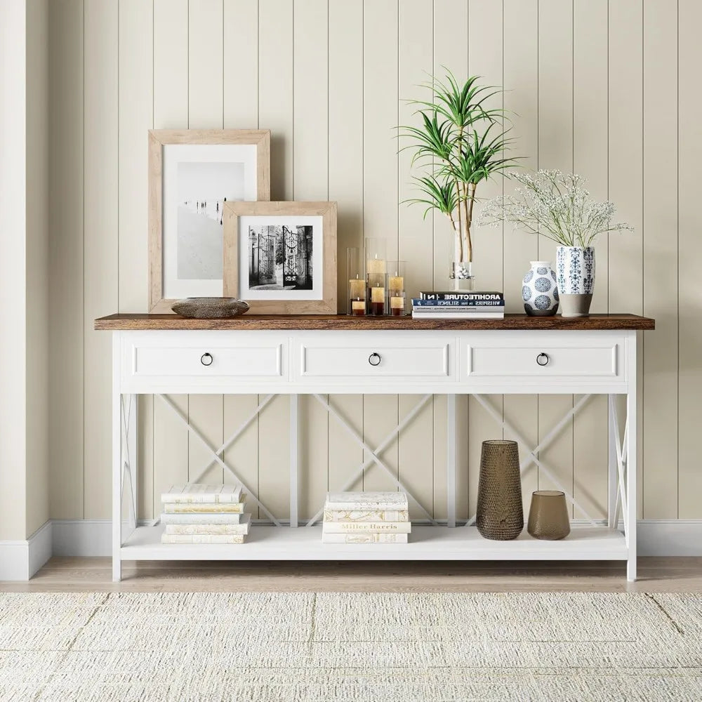 70.8" Farmhouse Console Table for Entryway with 3 Drawers and a Storage Shelf.