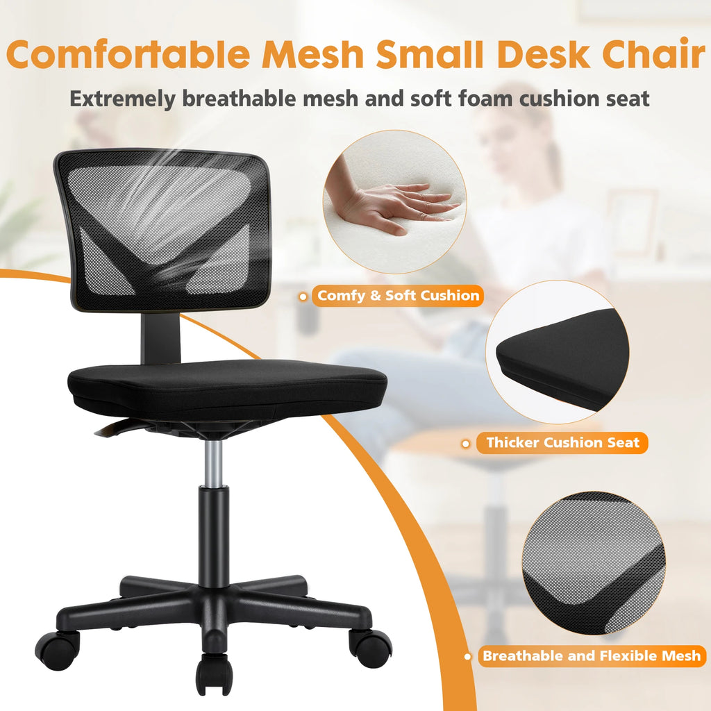 Armless Mesh Office Chair with Lumbar Support, Low Back, Adjustable Height and Swivel Seat.  Various colors.